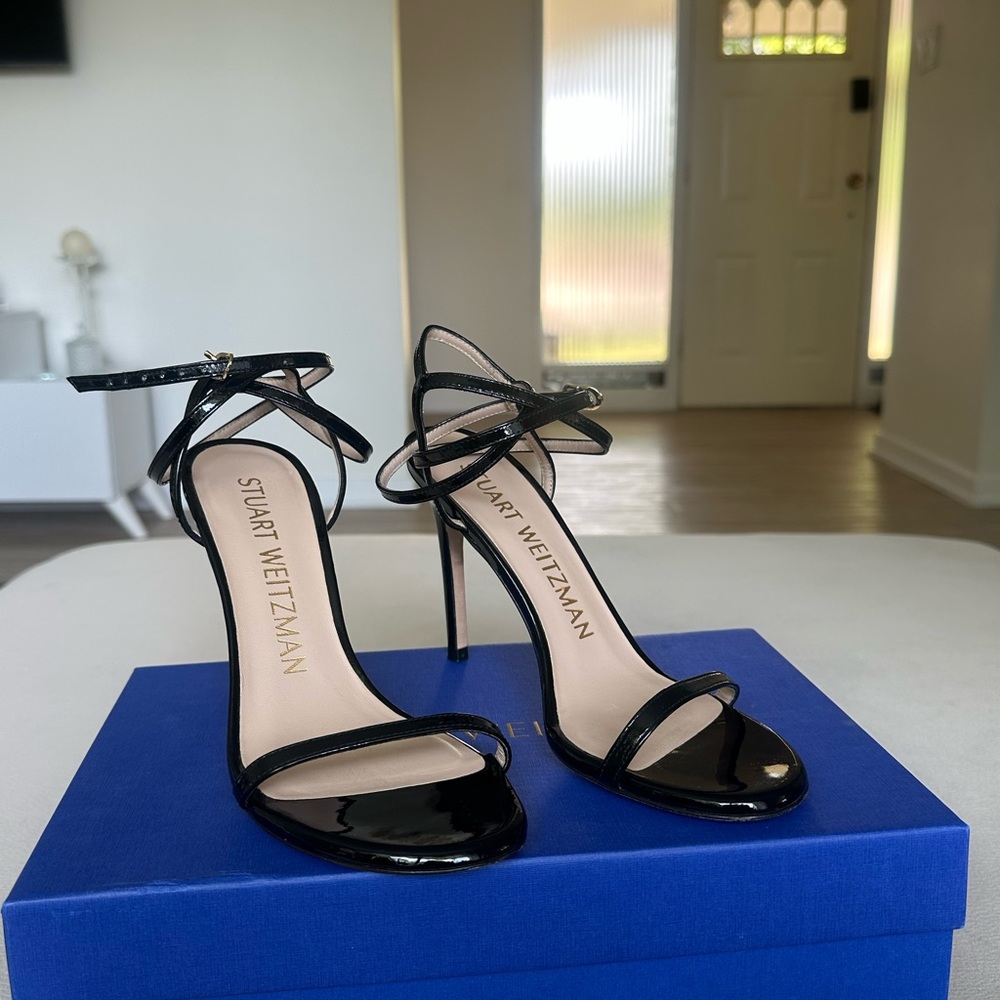 Stuart Weitzman Glossy Black Strappy Heels